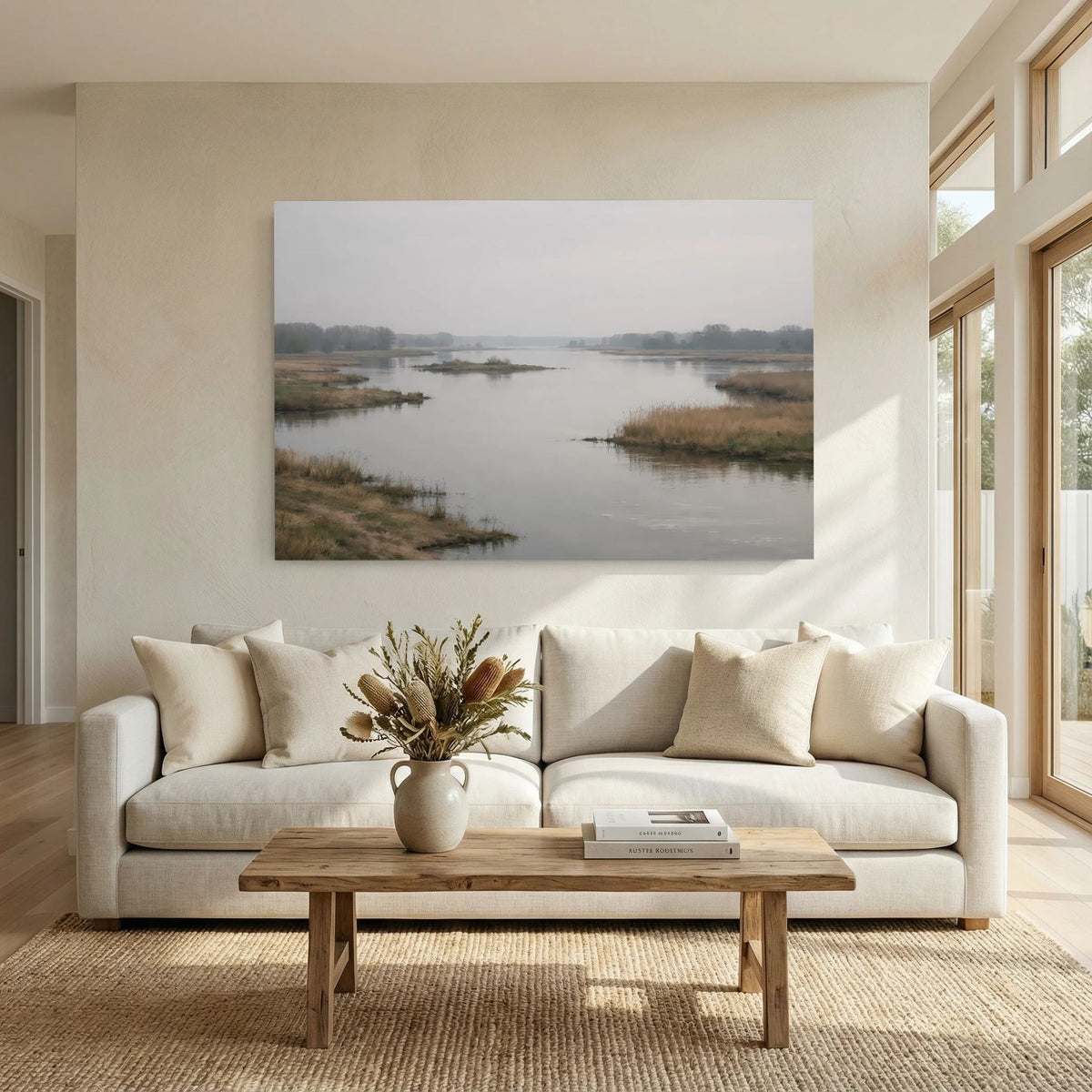 Wandbild im Querformat mit ruhigem Fluss im Morgennebel über der Couch