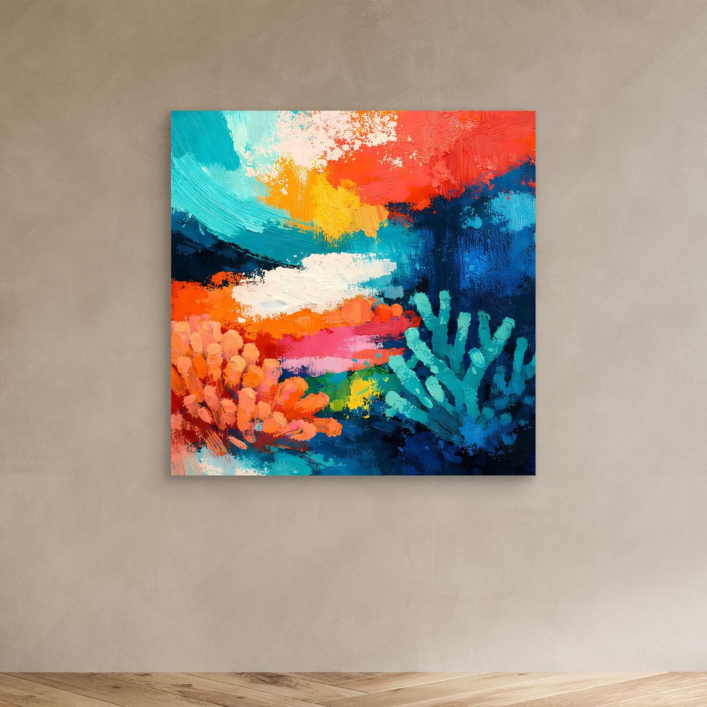 Abstraktes Leinwand-Wandbild: farbenfrohes Korallenriff unter Wasser, ohne Rahmen.