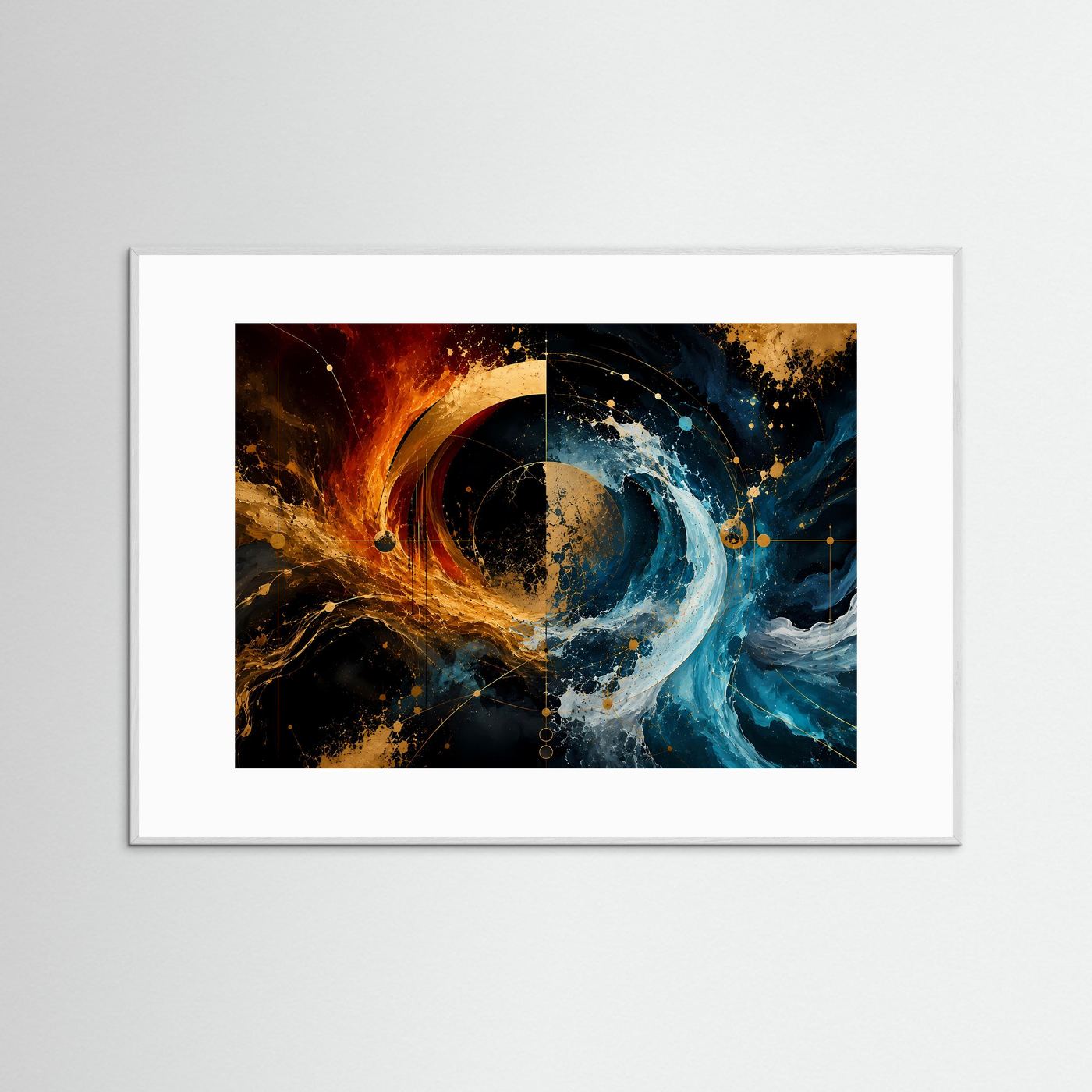 Feuer & Wasser – Abstrakte Elementekunst | Goldene Geometrie in Blau, Orange & Schwarz
