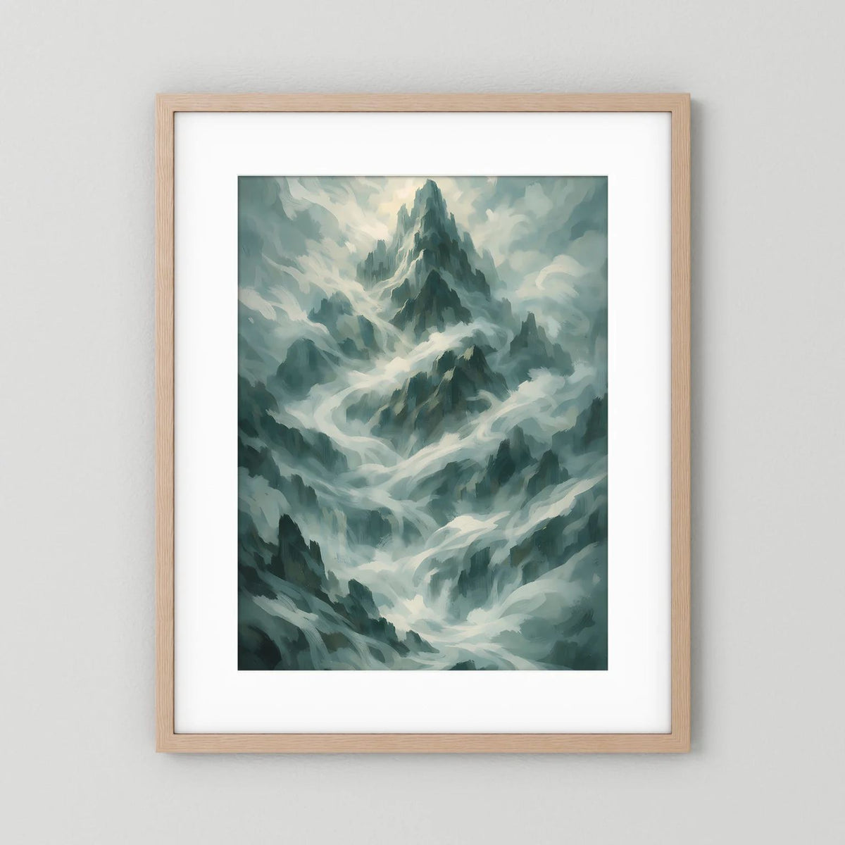 Poster im Hochformat mit Berglandschaft in Salbeigrün/Grau, heller Holzrahmen und weißes Passepartout