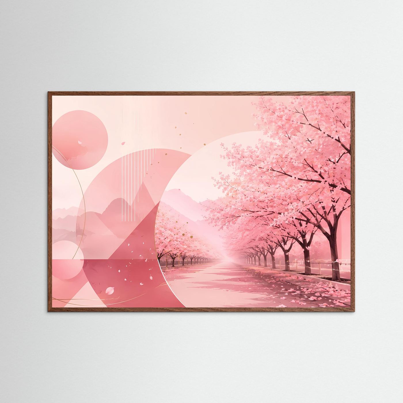 Poster im dunkelbraunen Holzrahmen mit pinker Kirschblütenallee und Wegperspektive