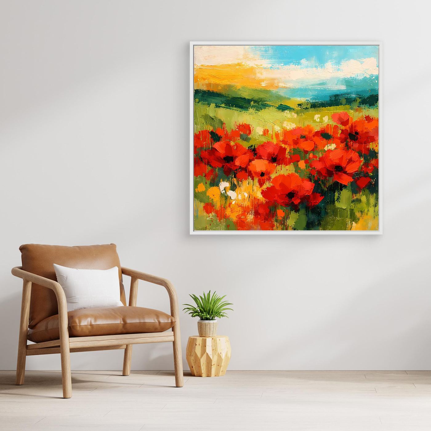 Poppy field canvas wall art with white frame, square red flower landscape