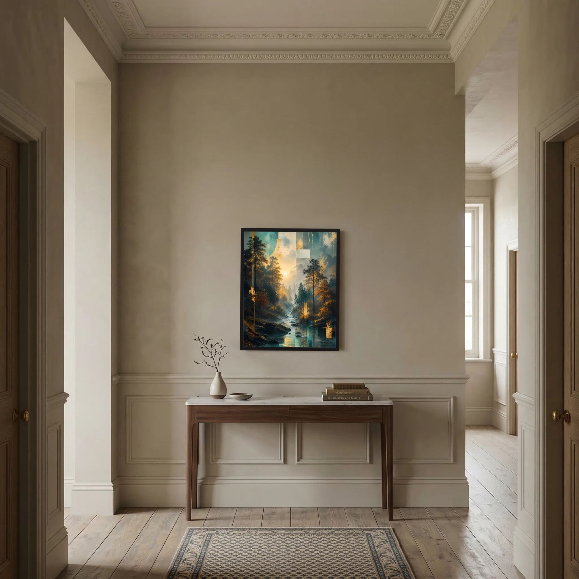 Gerahmtes Poster mit Wald und Fluss im warmen Morgenlicht vor gedrechselter Wand