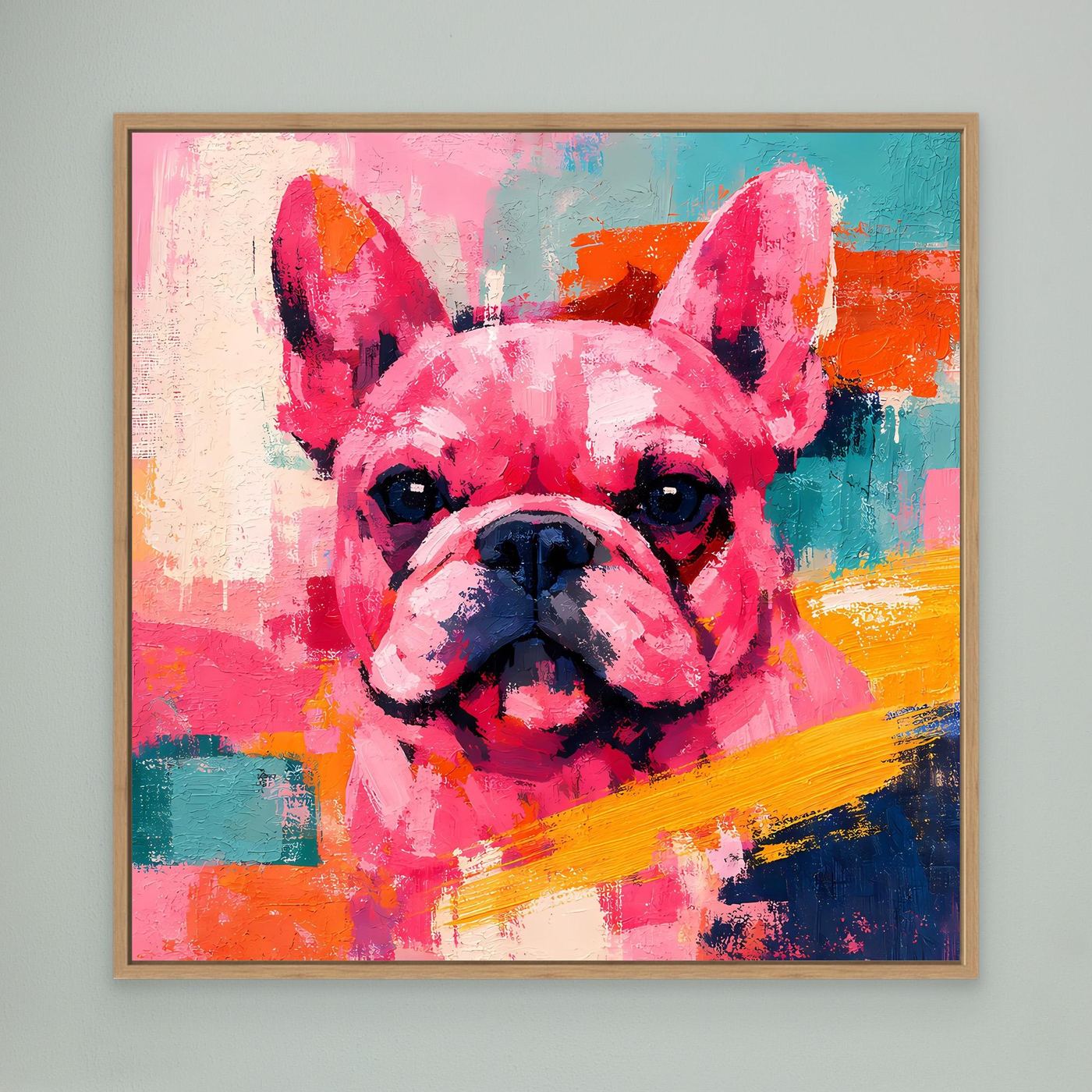 Nahaufnahme: Farbenfrohes Leinwand-Wandbild mit Porträt einer Französischen Bulldogge im Eichenrahmen