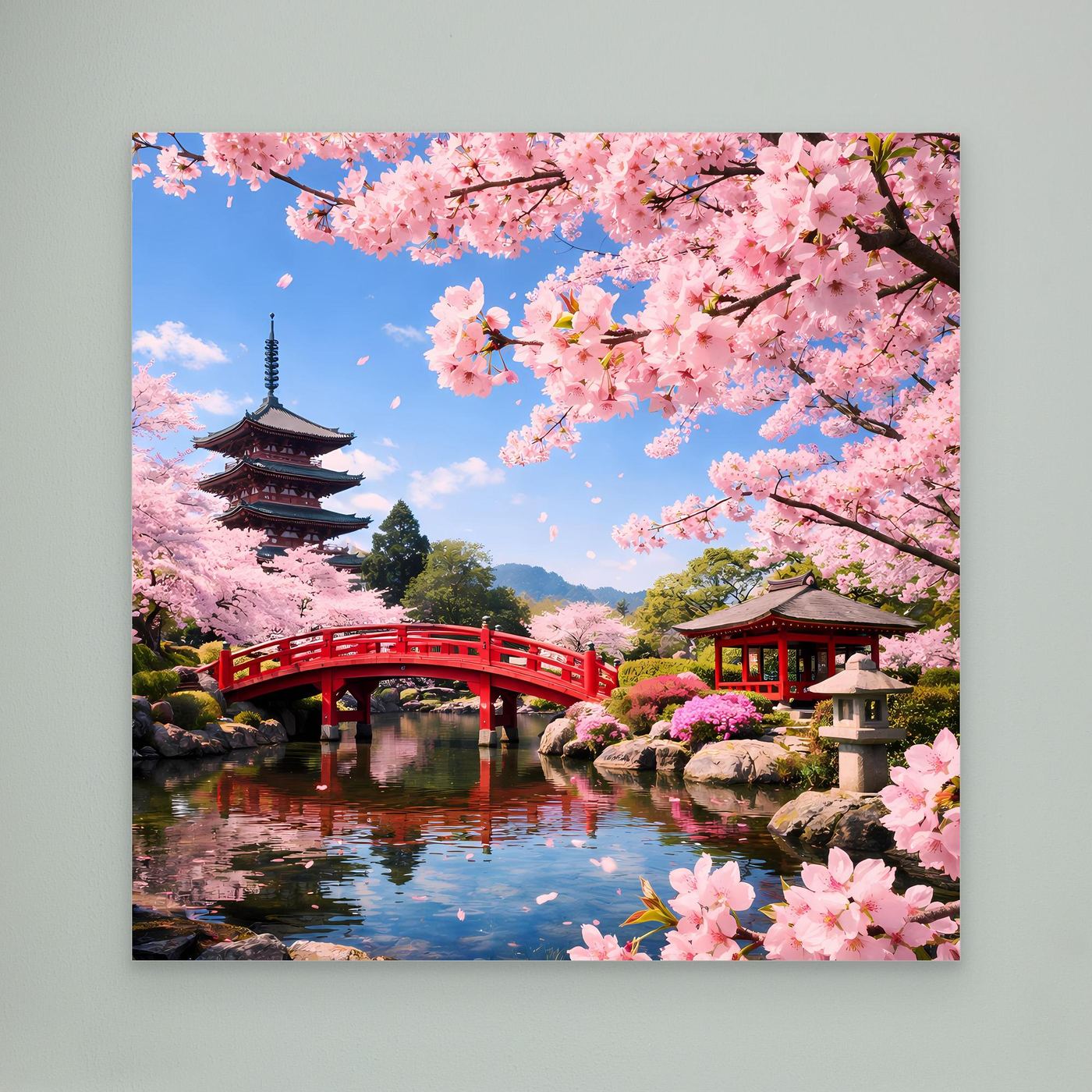 Leinwandbild Japanischer Garten mit Kirschblüten, roter Brücke und Pagode