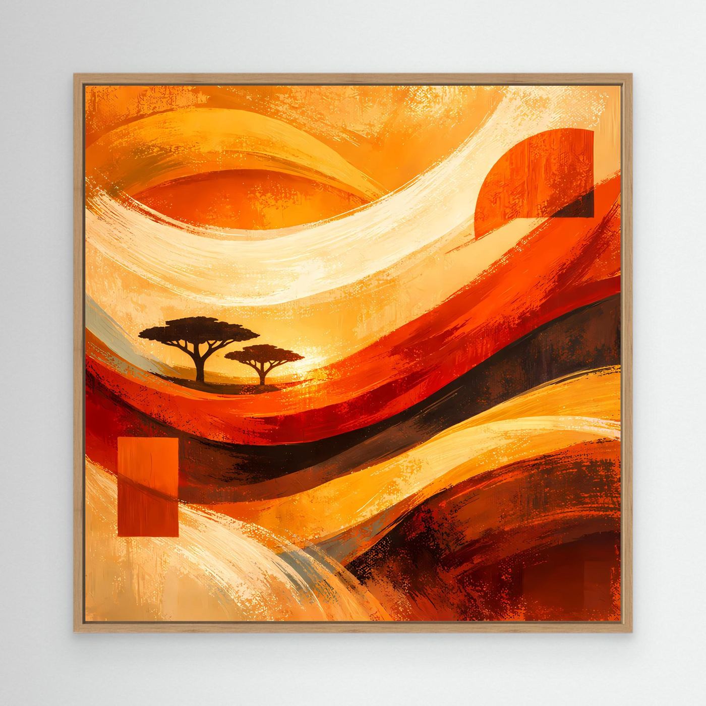 Abstraktes Leinwandbild im Eichenrahmen, Orange- und Rottöne, Wellen und Baum-Silhouetten