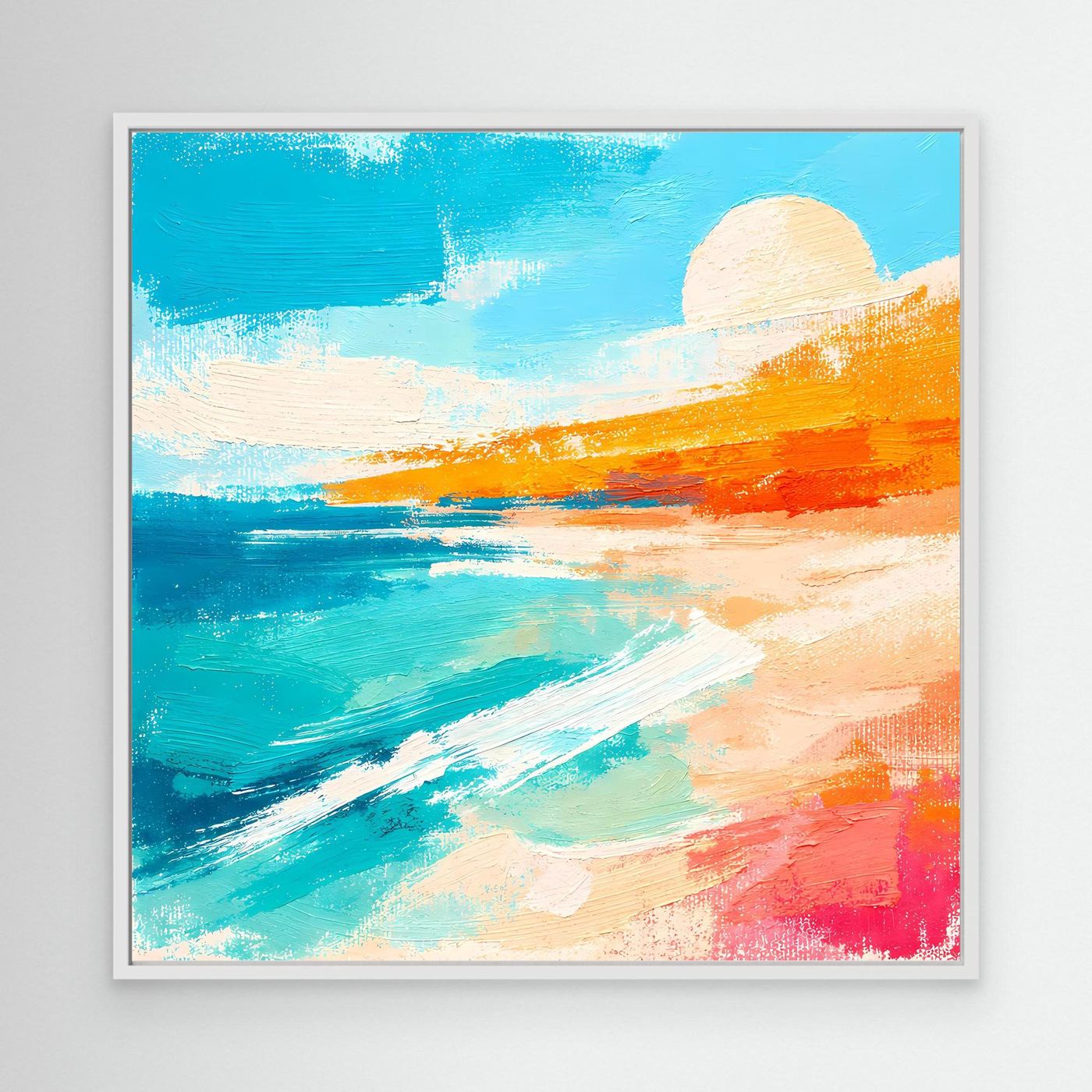 Abstract coastal canvas wall art with blue ocean, sandy shore, and orange sunset in white frame.