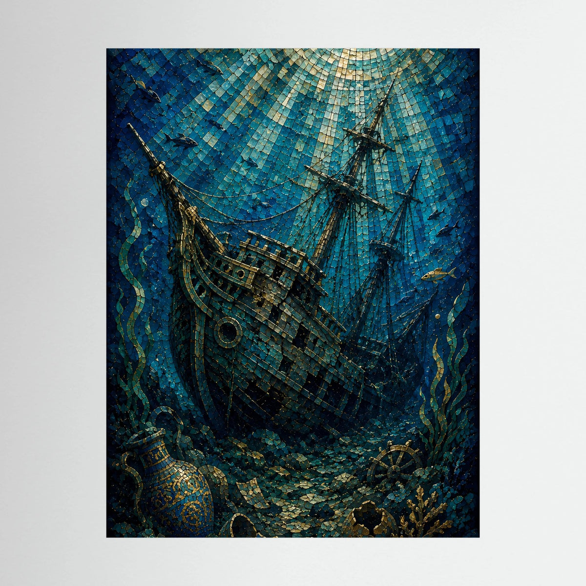 Nahansicht-Poster: versunkenes Segelschiff im Mosaikstil, türkisblau und gold, im schwarzen Rahmen