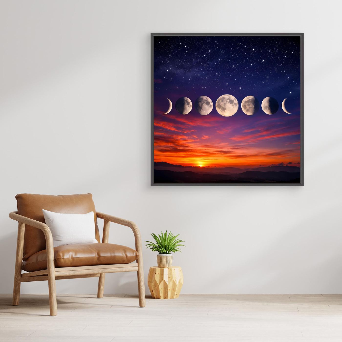 Leinwandbild mit Mondphasen, Sternenhimmel und Sonnenuntergang, schwarz umrandet