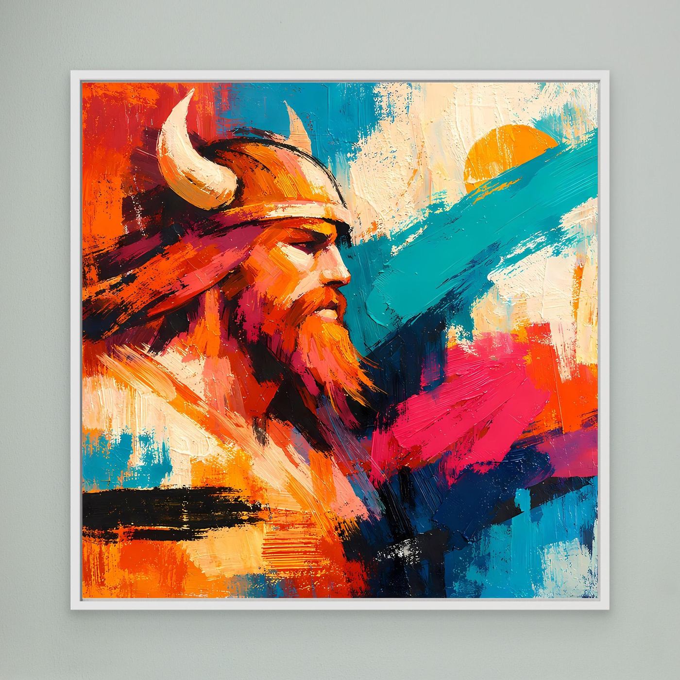Wandbild mit abstraktem Wikingerprofil in Orange, Blau und Pink, weiß gerahmt