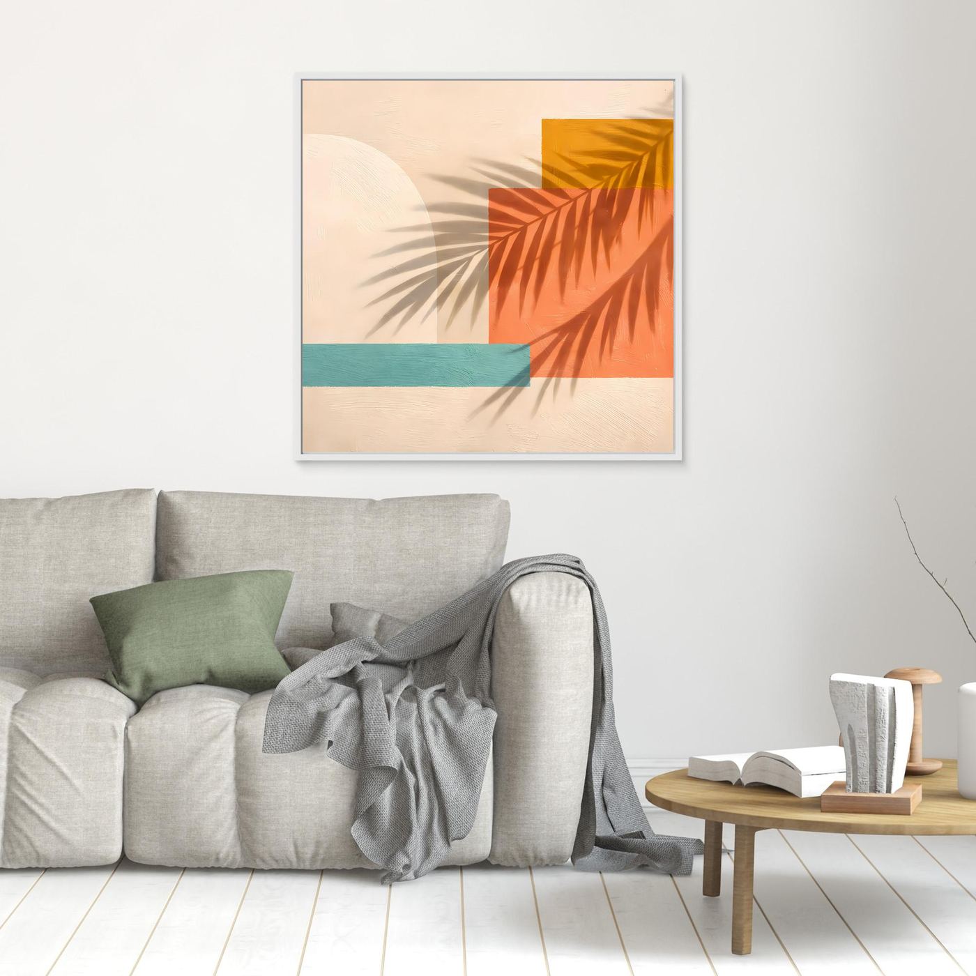 Leinwand Abstrakte Geometrie mit Palmenschatten | Modernes Boho Wandbild Terracotta