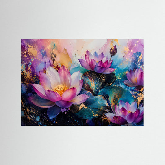 Abstraktes Blumenposter mit Lotosblüten in Pink, Violett und Blau
