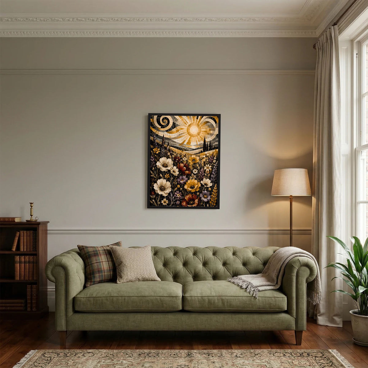 Quadratisches Poster mit Mosaikblumenwiese und goldener Sonne auf dunklem Grund