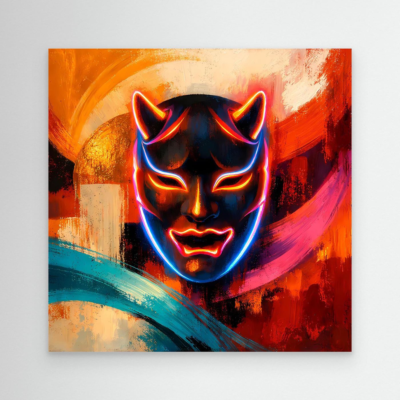 Leinwandbild mit Neon-Oni-Maske, leuchtende blau-rote Umrandung, abstrakte Pinselstreifen