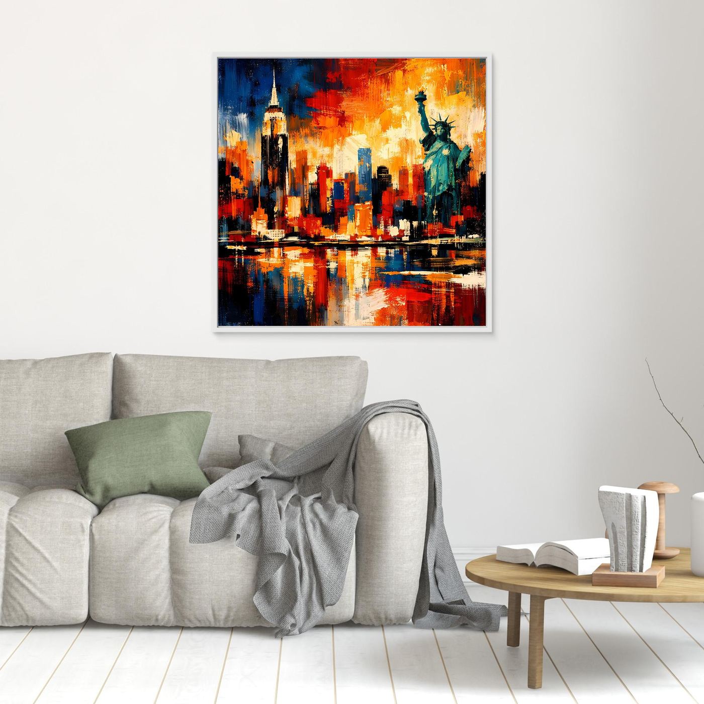 Leinwandbild mit abstrakter Skyline und Freiheitsstatue, weiß gerahmt