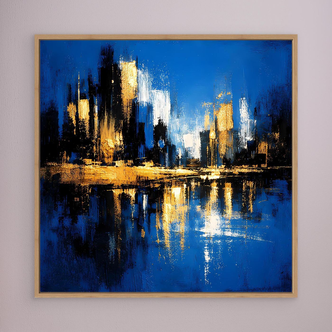 Leinwand Abstrakte Skyline in Blau und Gold | Modernes Großstadt Wandbild mit Spiegelung