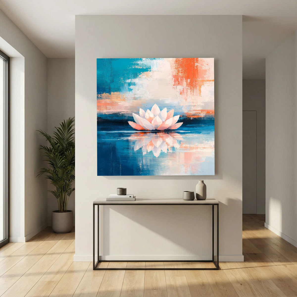 Lotusblüte auf Wasser als Wandbild: blau-oranges Abstraktmotiv auf Leinwand