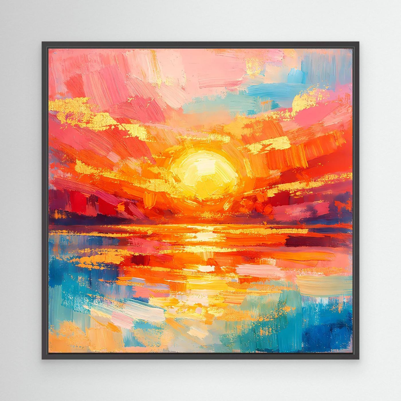 Leinwandbild abstraktes Meer mit aufgehender Sonne, schwarzer Rahmen, Rot-Orange-Blau