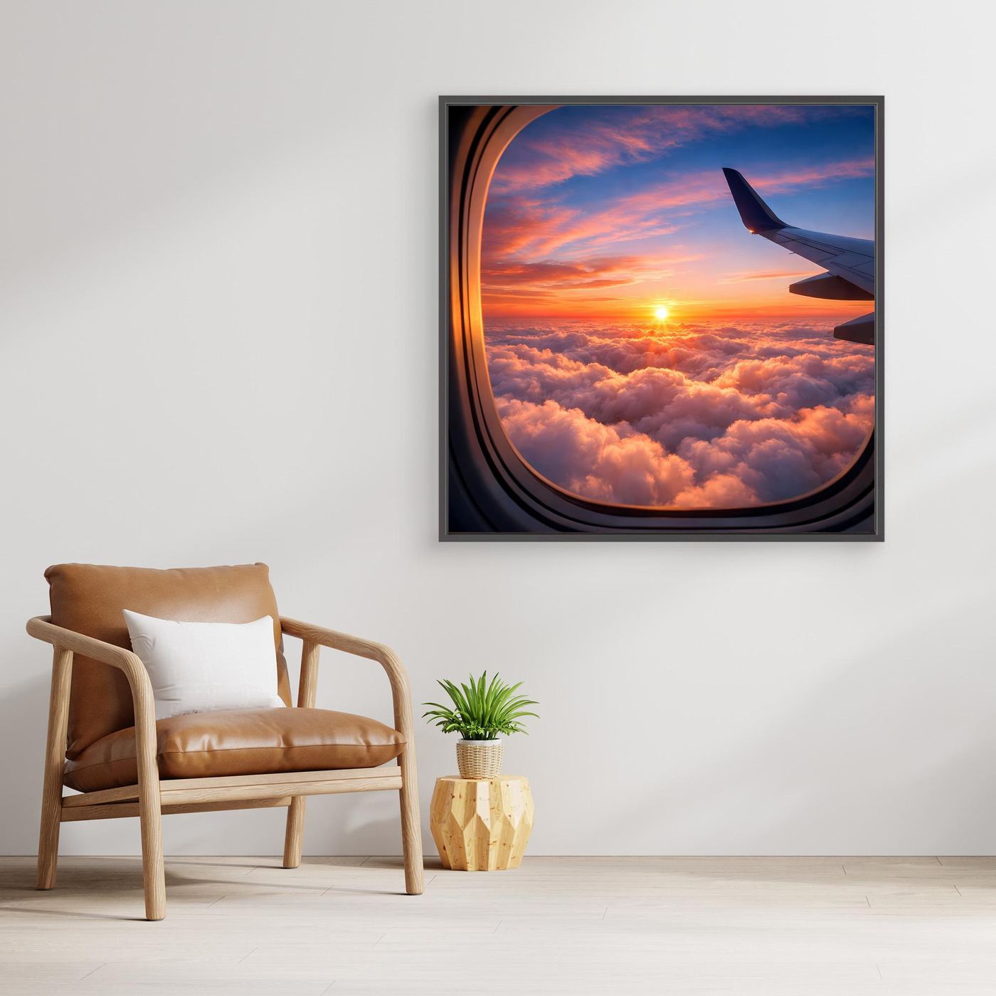 Leinwandbild mit Flugzeugfenster, Sonnenuntergang über Wolken, dunkler Rahmen