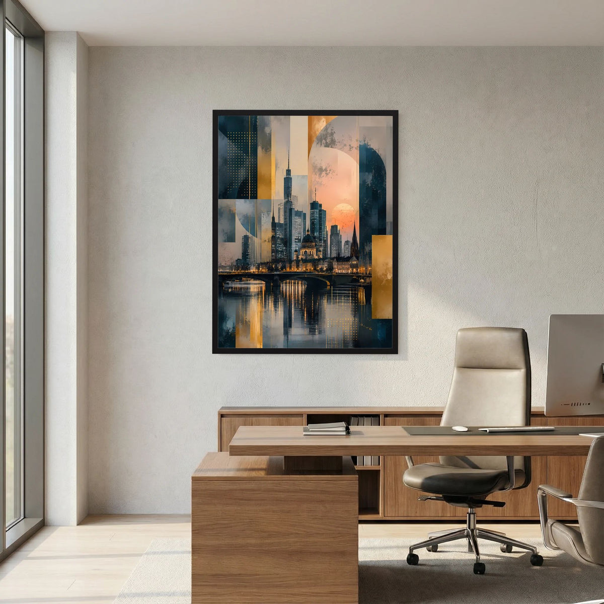 Gerahmtes Hochformat-Poster mit Skyline am Fluss, Goldflächen und Petrolmuster