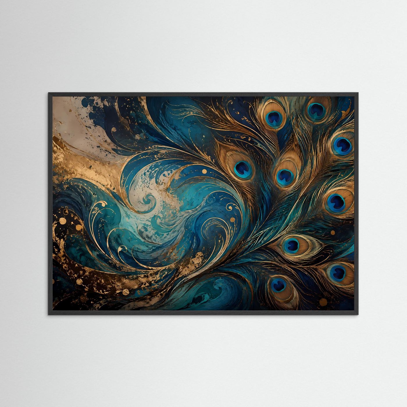 Pfauenfedern Poster | Abstrakte Pfauenkunst Wandbild | Blau Gold Modern | Elegante Federkunst | Luxuriöser Kunstdruck