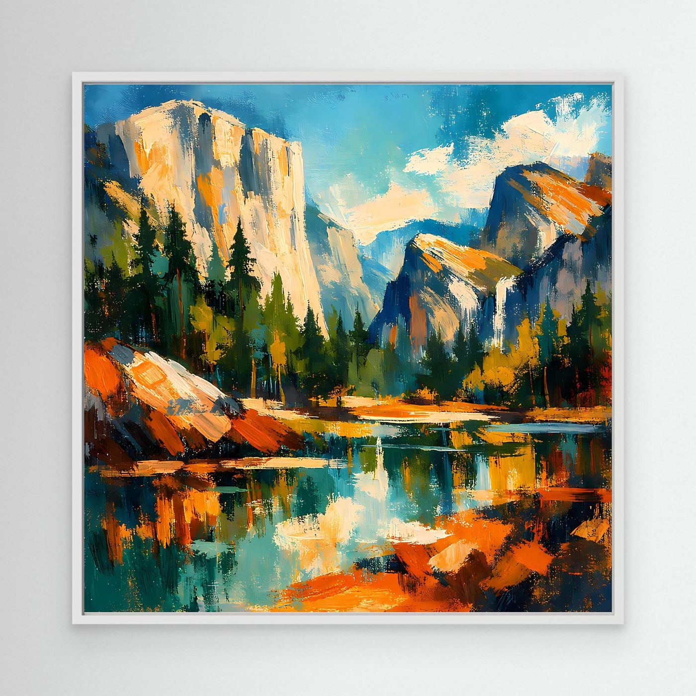 Leinwand-Wandbild mit Berglandschaft und See, weißer Rahmen