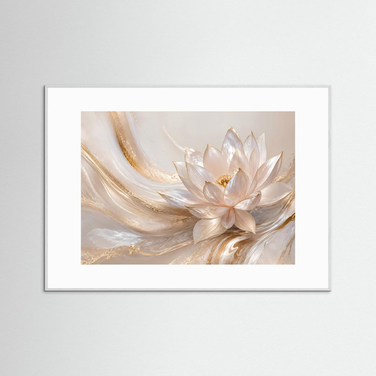 Poster Querformat mit Lotusblüten in Creme und Gold im grauen Rahmen mit Weißrand