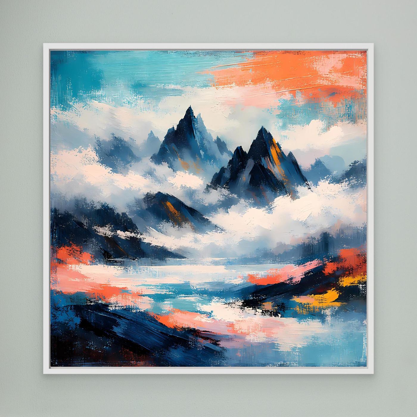 Wandbild mit abstrakten Berggipfeln im Nebel, blau-grau, orange Himmel, weiß gerahmt