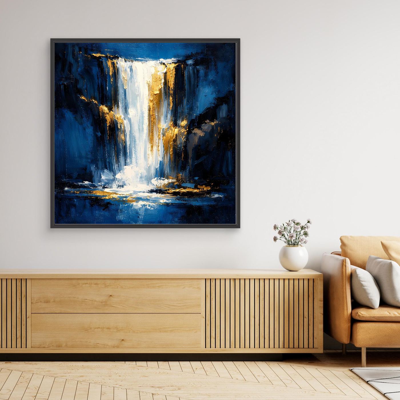 Leinwand Abstraktes Wasserfall Gemälde in Dunkelblau und Gold | Modernes Natur Wandbild