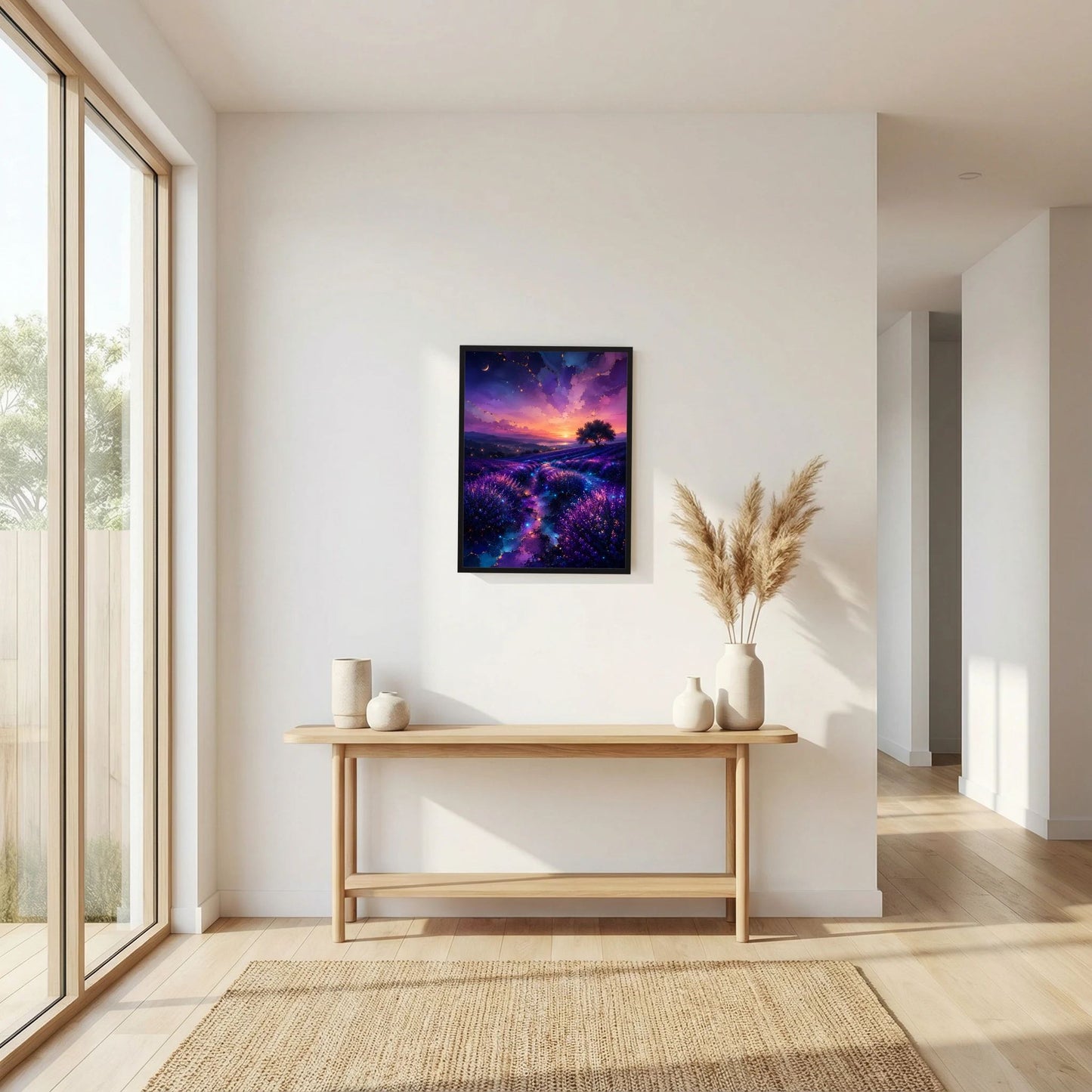 Poster mit Lavendelfeld bei Sonnenuntergang in Violett und Blau, dunkler Rahmen.
