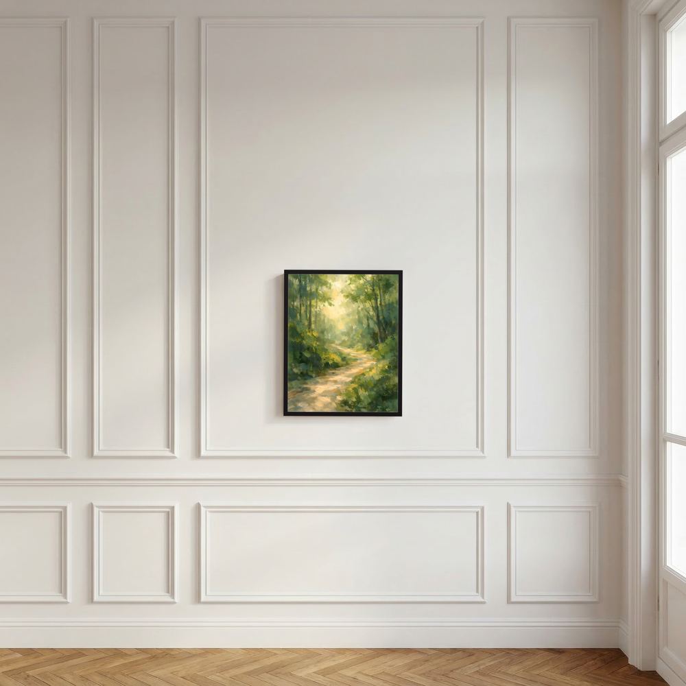 Waldweg-Poster im dunklen Rahmen an weißer Wand, grüner Waldweg mit Lichtkegel