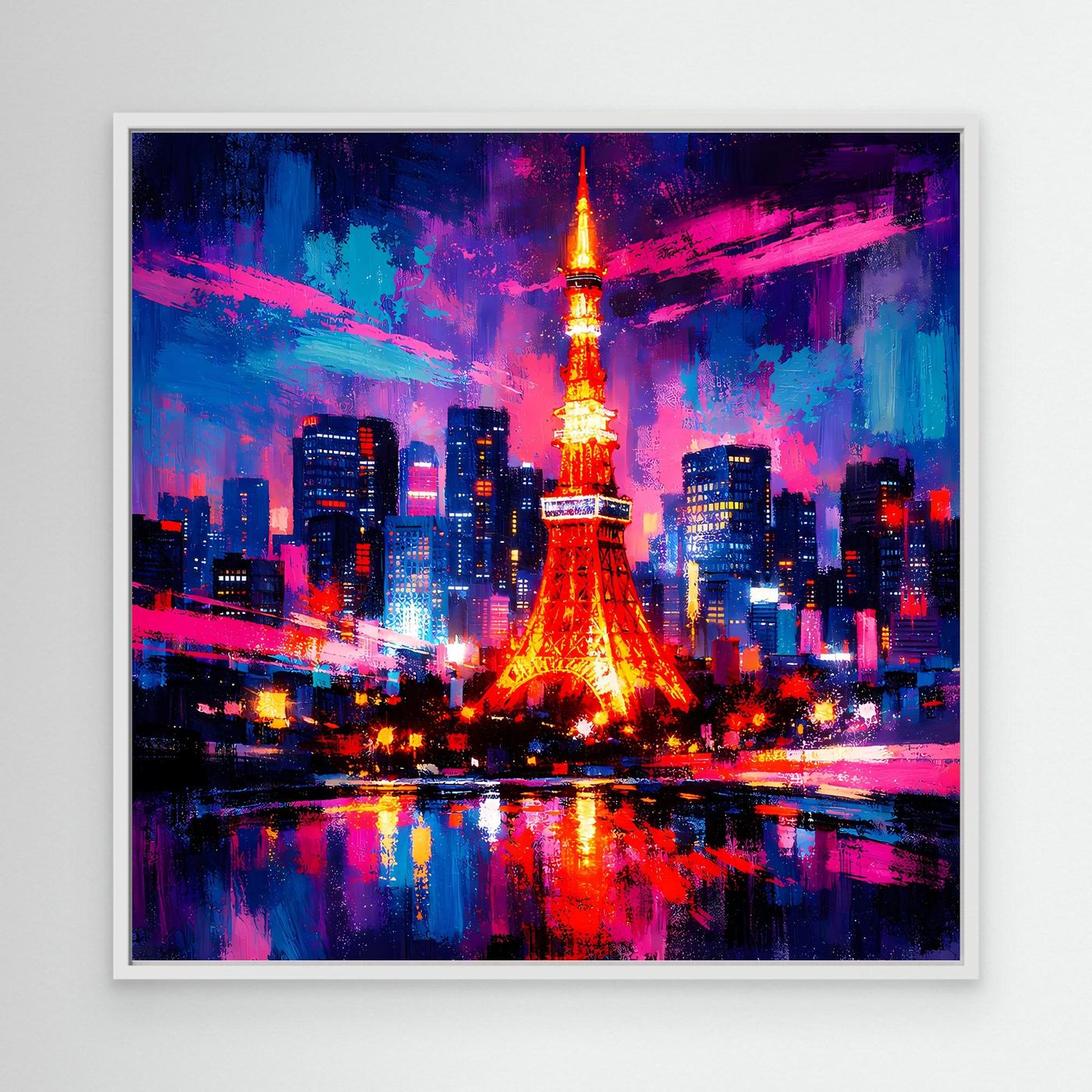Leinwand-Wandbild Skyline mit Eiffelturm, bunte Lichtakzente, weißer Rahmen