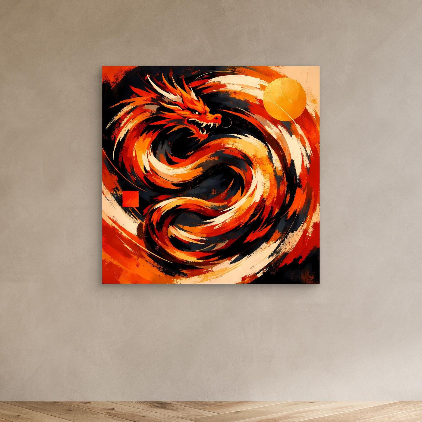 Abstraktes Drachen-Wandbild ohne Rahmen mit roten Flammenwirbeln und schwarzem Drachen