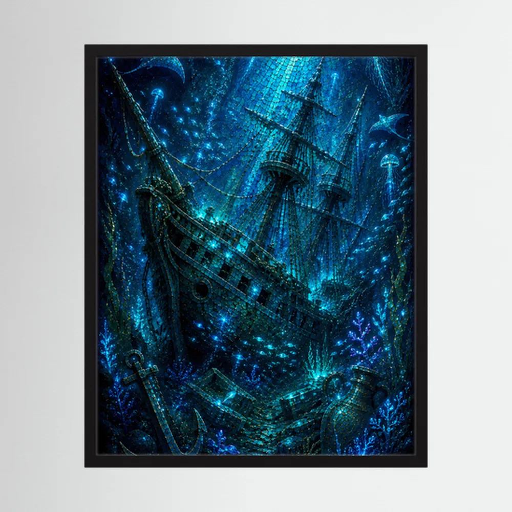 Kunstposter mit Geisterschiff im blauen Unterwasserbild, im schwarzen Rahmen