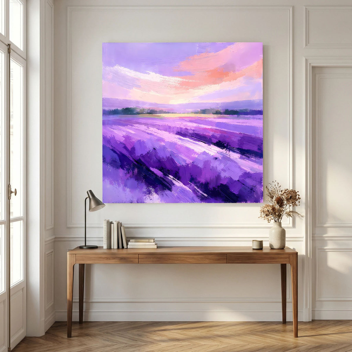 Leinwand-Wandbild mit lila Landschaft und rosafarbenen Wolken, abstrakt gemalt