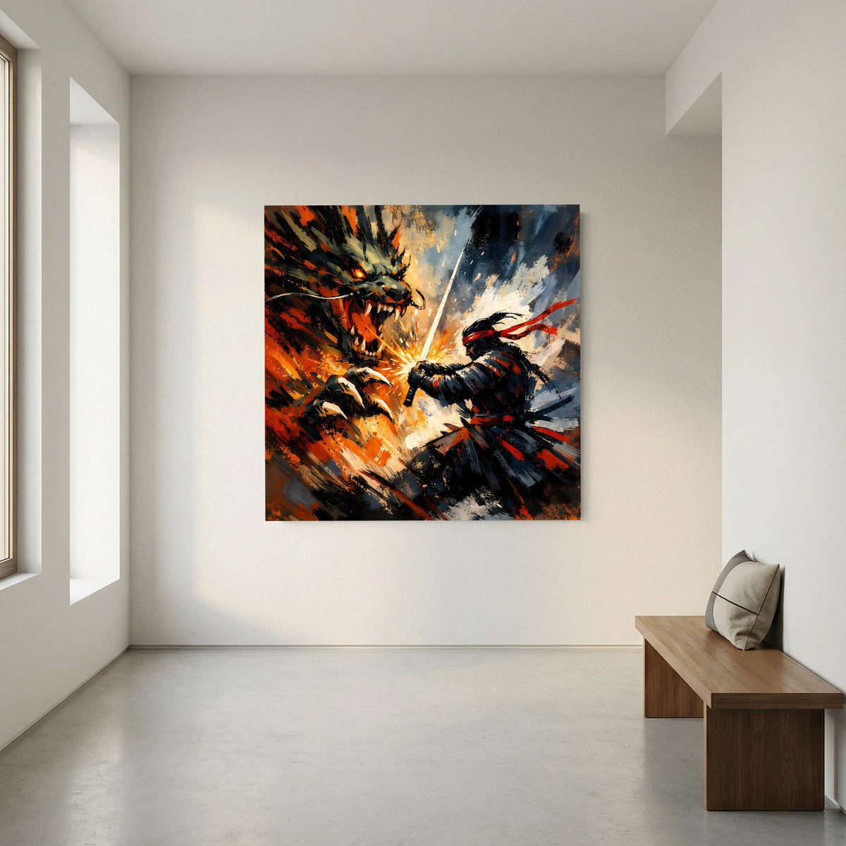 Leinwandbild mit Drachenkopf und Samurai mit Schwert, abstrakte Farbexplosion in Orange