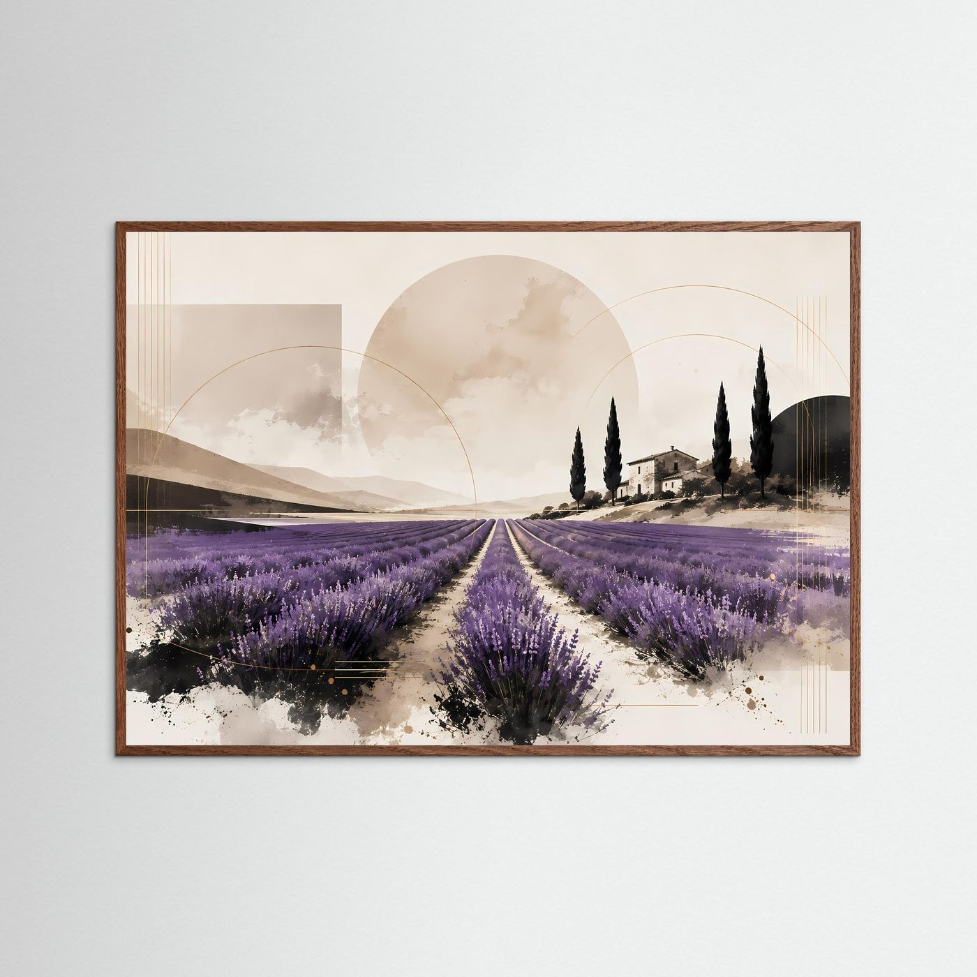 Lavendelfeld in der Provence mit Zypressen & Landhaus | Abstrakte mediterrane Landschaft in Lila, Creme, Beige, Schwarz & Gold | Elegantes Lavendel Wandbild im Querformat
