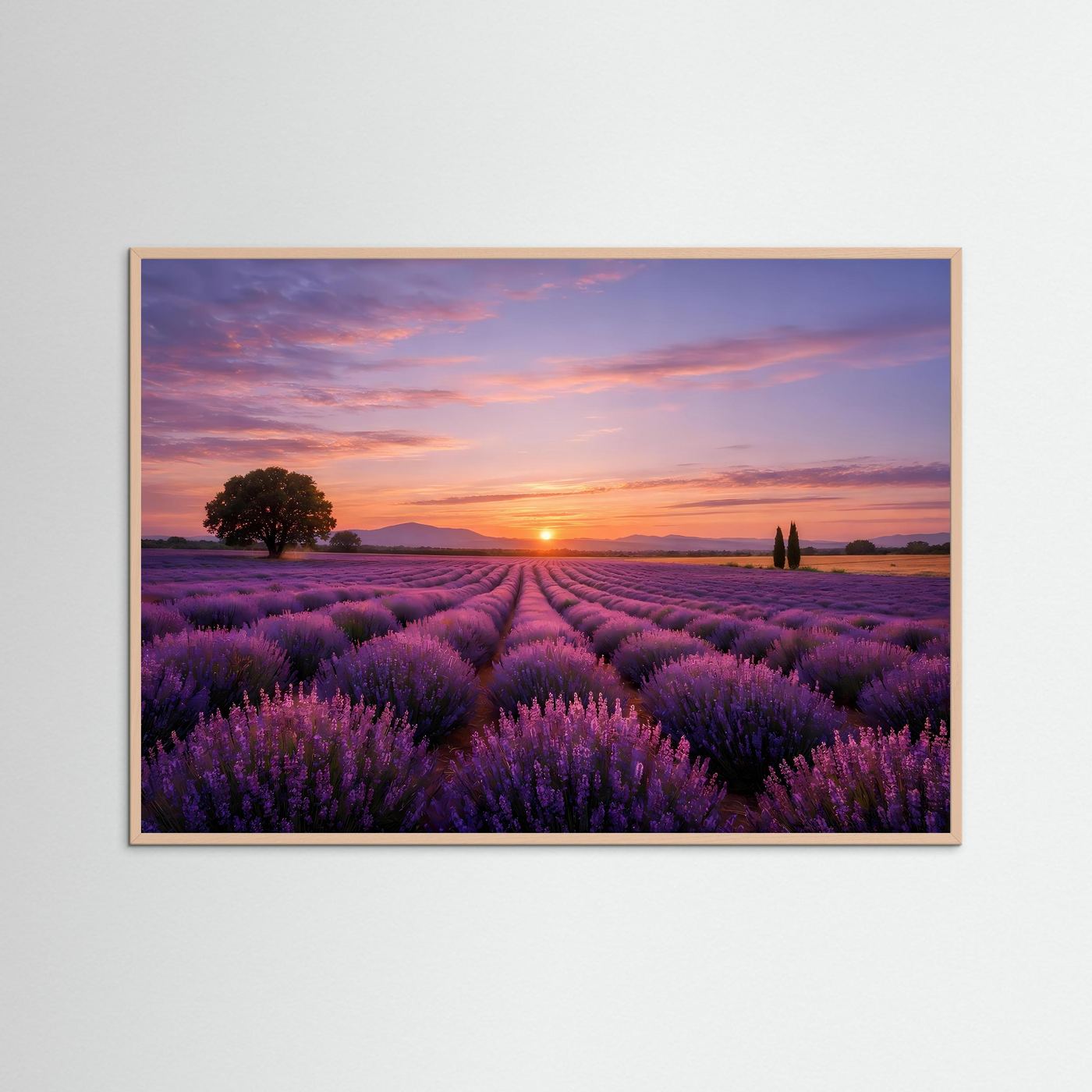 Natur-Poster im Querformat mit Holzrahmen; violettes Lavendelfeld und tiefer Sonnenuntergang.