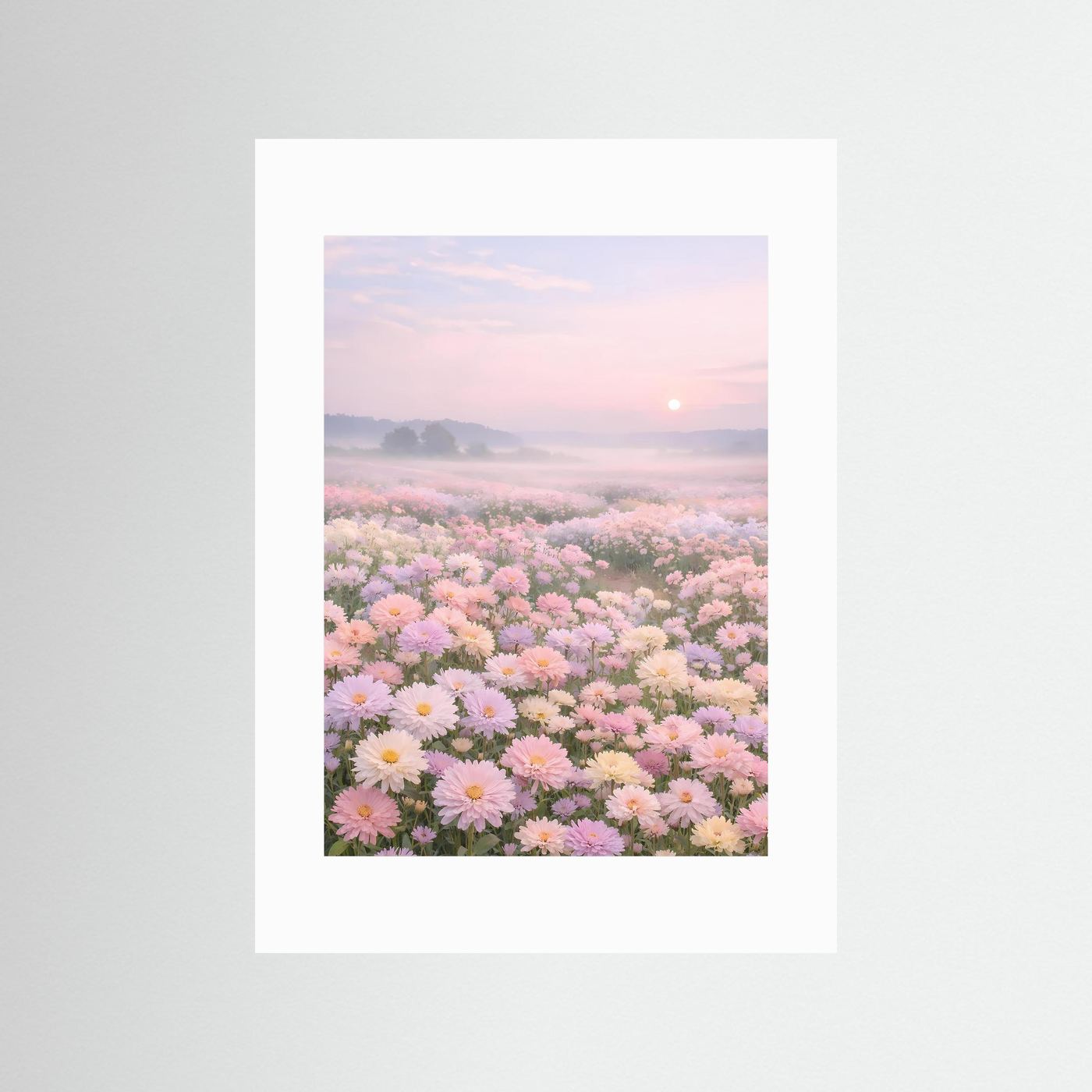Florales Poster mit Blumenmeer bei Sonnenaufgang, mit weißem Passepartout, hochformat