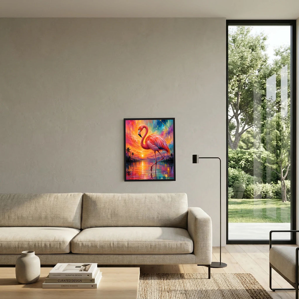 Kunstposter mit Flamingo in Pink und Türkis, leuchtende Farben über ruhigem Wasser