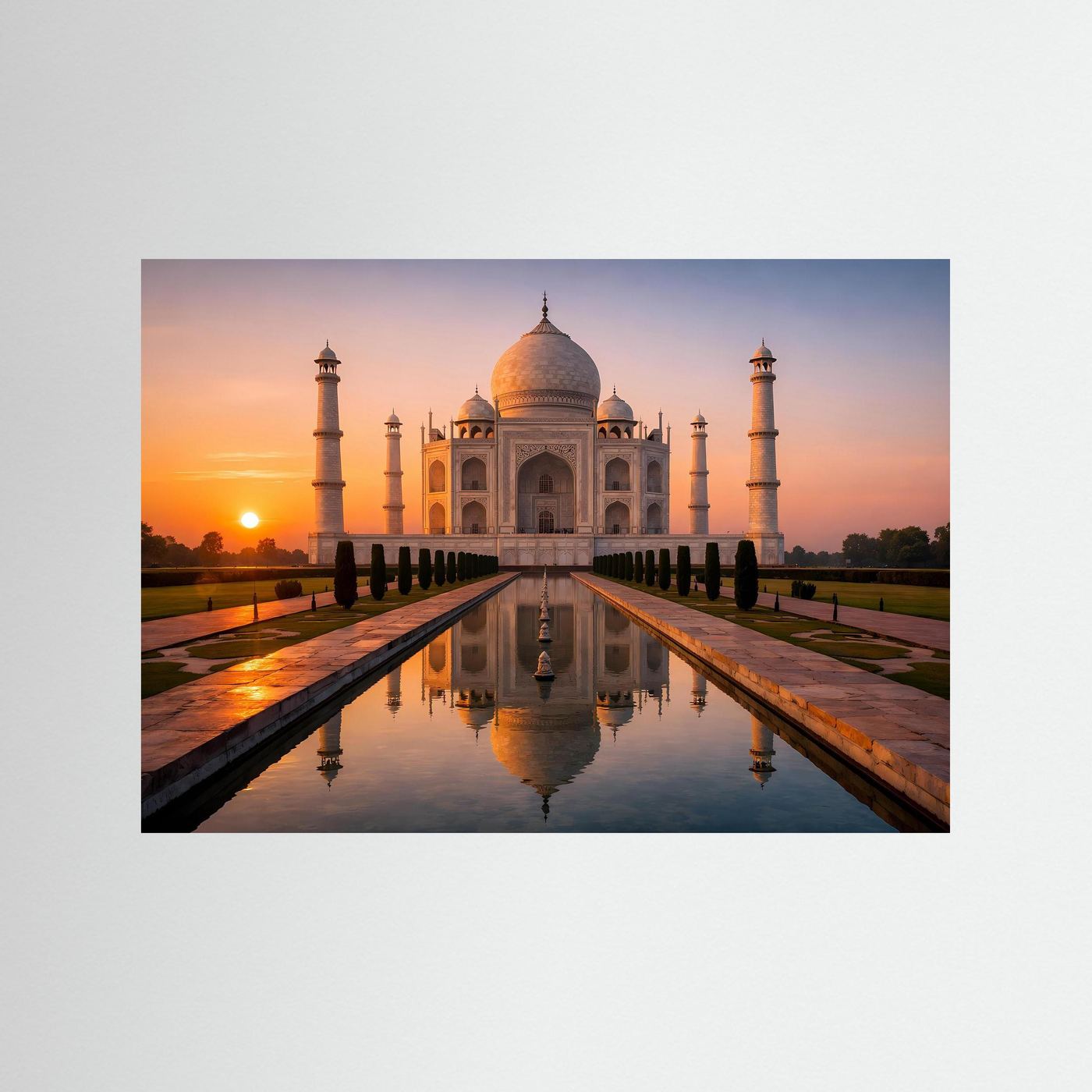 Poster Taj Mahal im Sonnenuntergang mit blauer Einfassung und Spiegelung