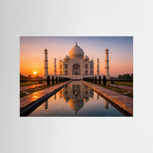 Poster Taj Mahal im Sonnenuntergang mit blauer Einfassung und Spiegelung