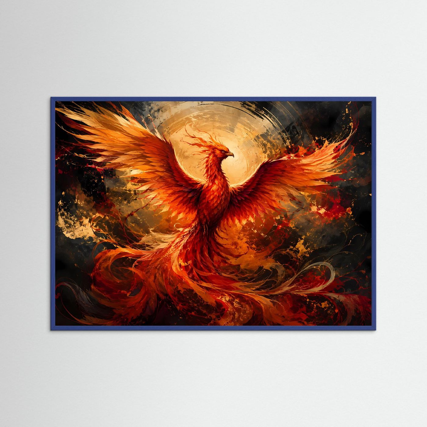 Abstrakte Wandkunst mit Phönix in Rot und Gold, im blauen Rahmen