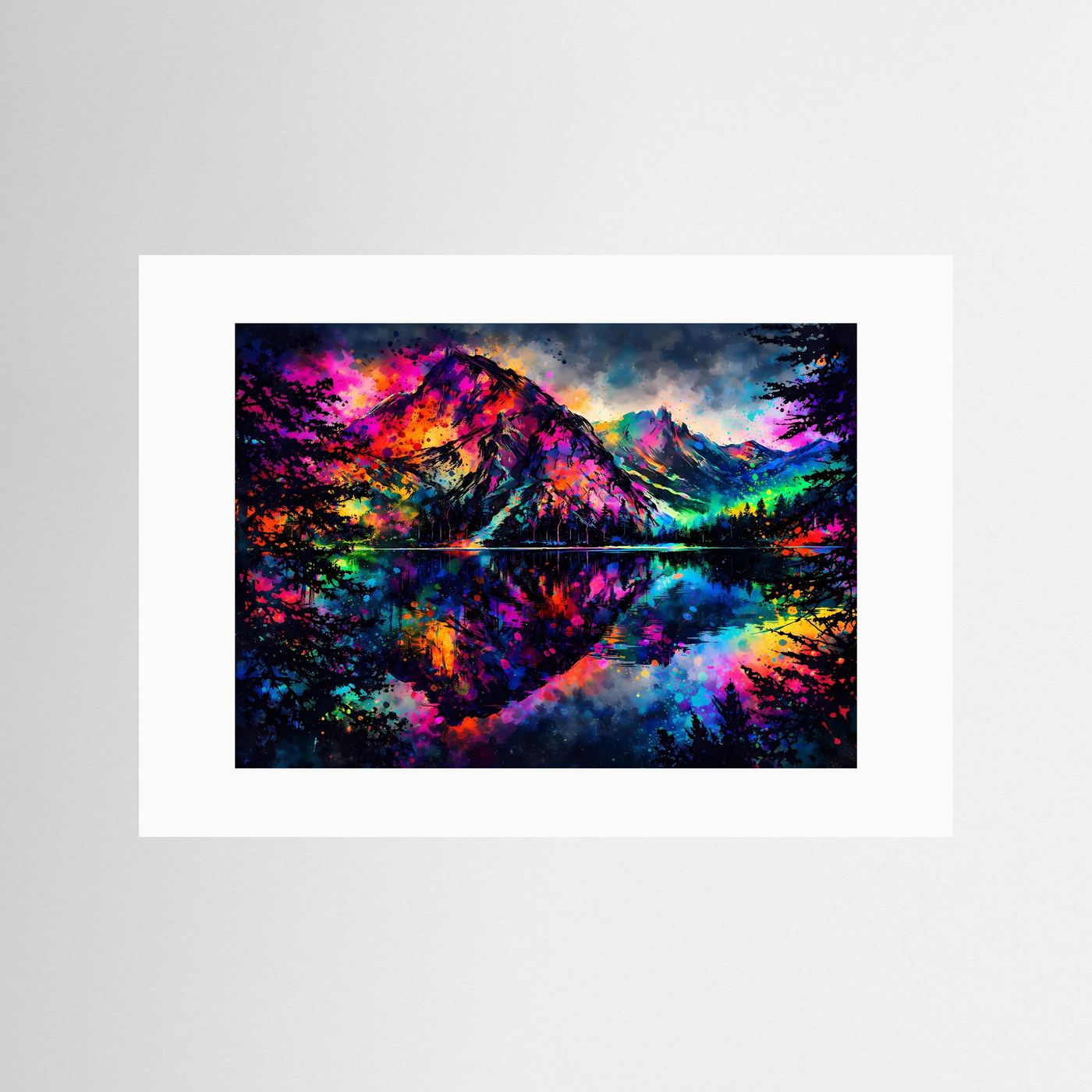 Neonfarbenes Alpen-Poster im Querformat mit Spiegelbild, mit weißem Passepartout.
