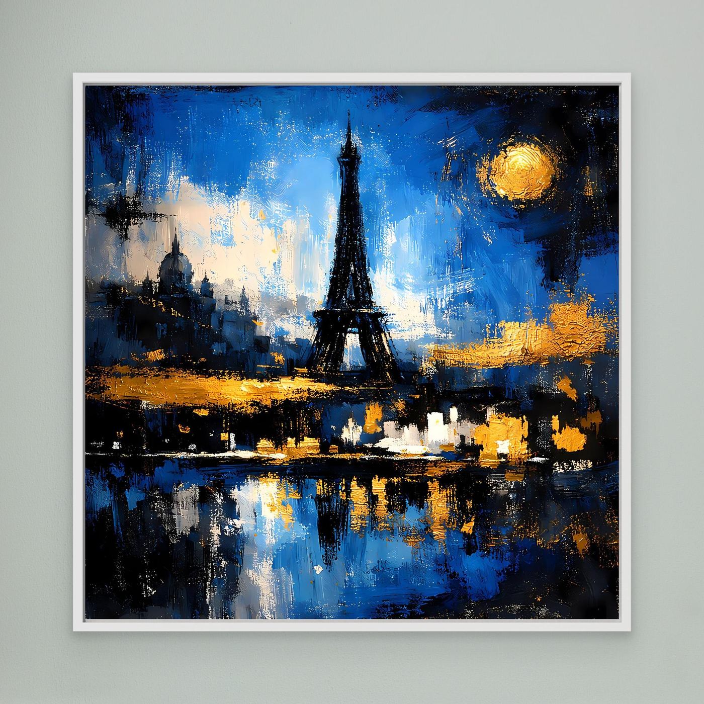 Leinwand-Wandbild mit Eiffelturm-Silhouette, blauem Nachthimmel, rundem Mond und Wasserreflexen