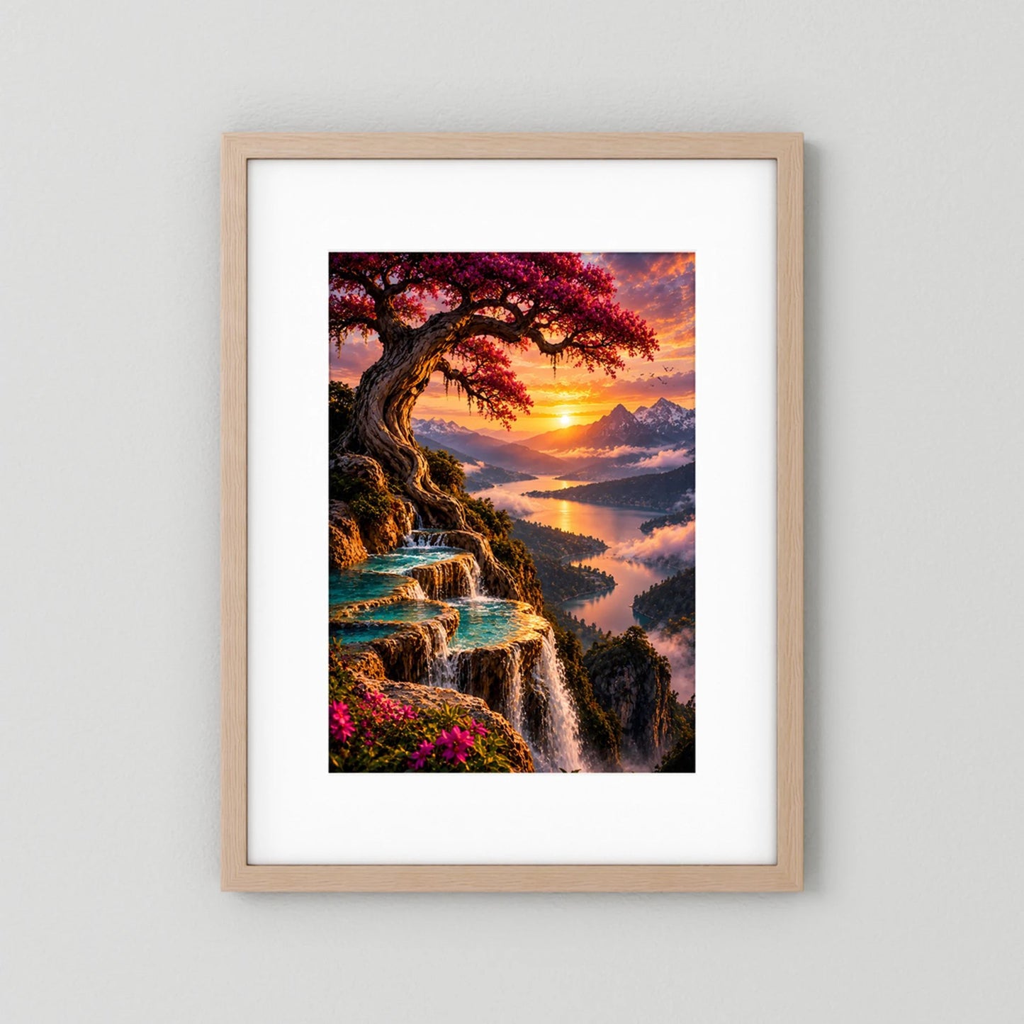 Magischer Baum über Bergsee | Wasserfälle im Sonnenuntergang | Poster Hochformat