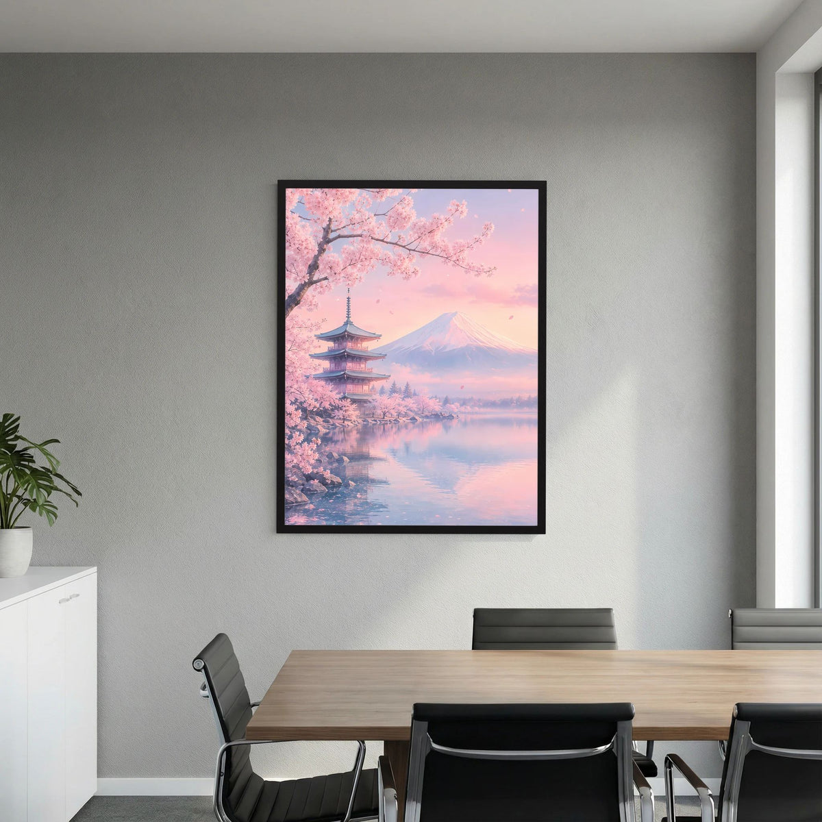 Hochformatiges Poster mit Kirschblütenzweig, Pagode und Fuji über ruhigem Wasser