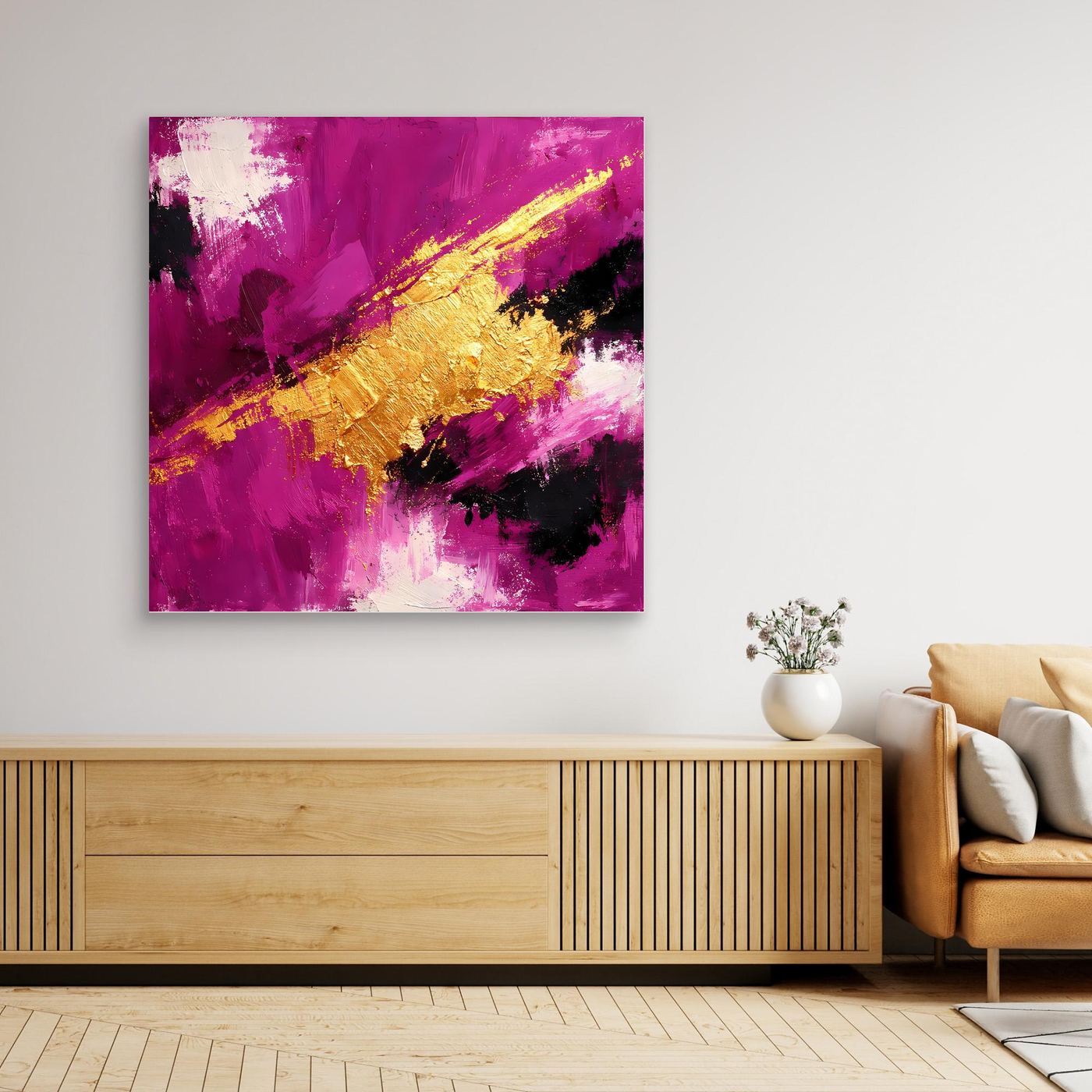 Leinwand Expressives Farbenspiel in Beere und Gold | Modernes Abstraktes Wandbild