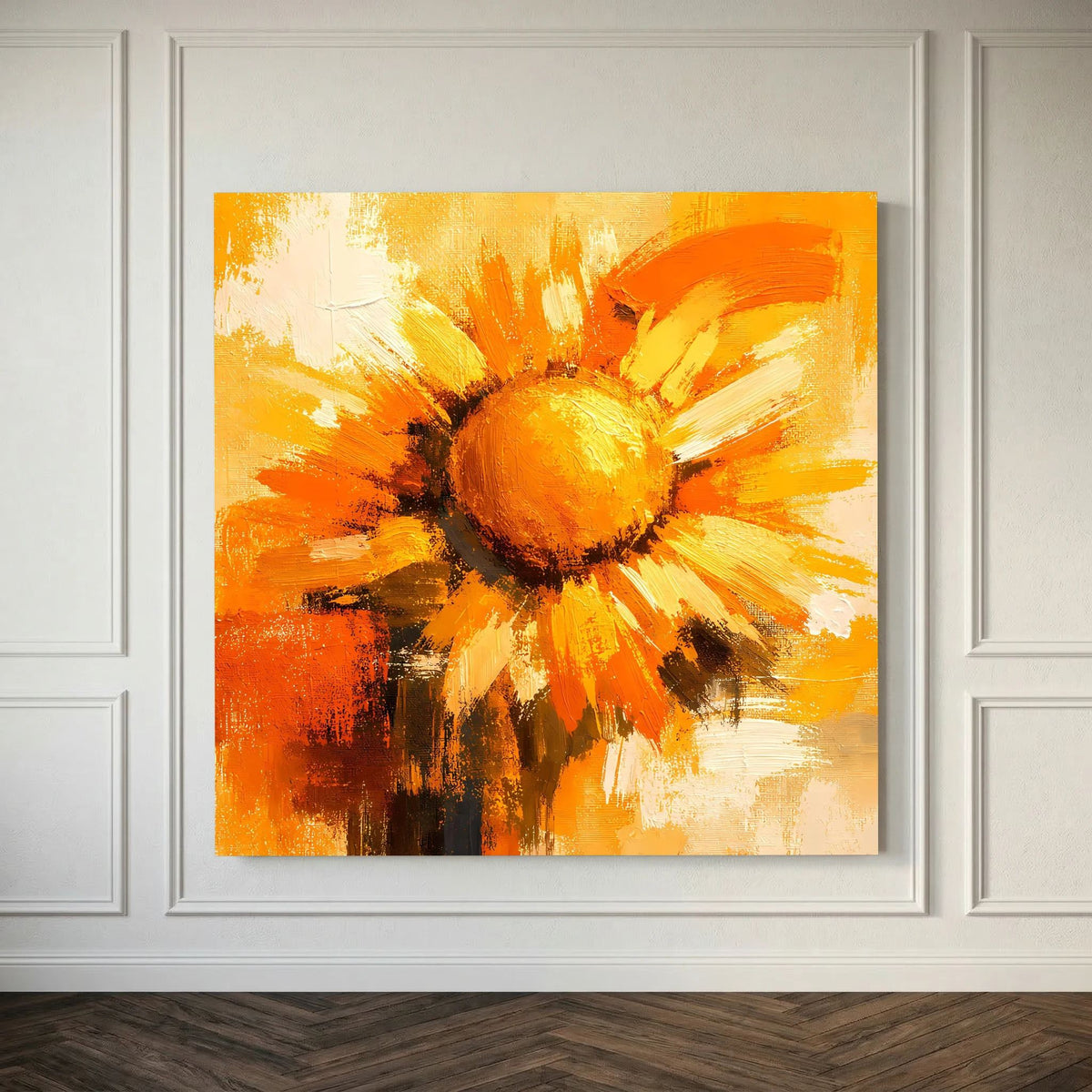 Leinwand Abstraktes Sonnenblumen Gemälde | Modernes Florales Wandbild Gelb Orange