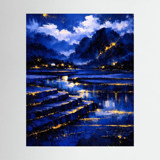Hochformatiges Poster mit abstrakter Nachtlandschaft in Blau und goldenen Lichtern am See